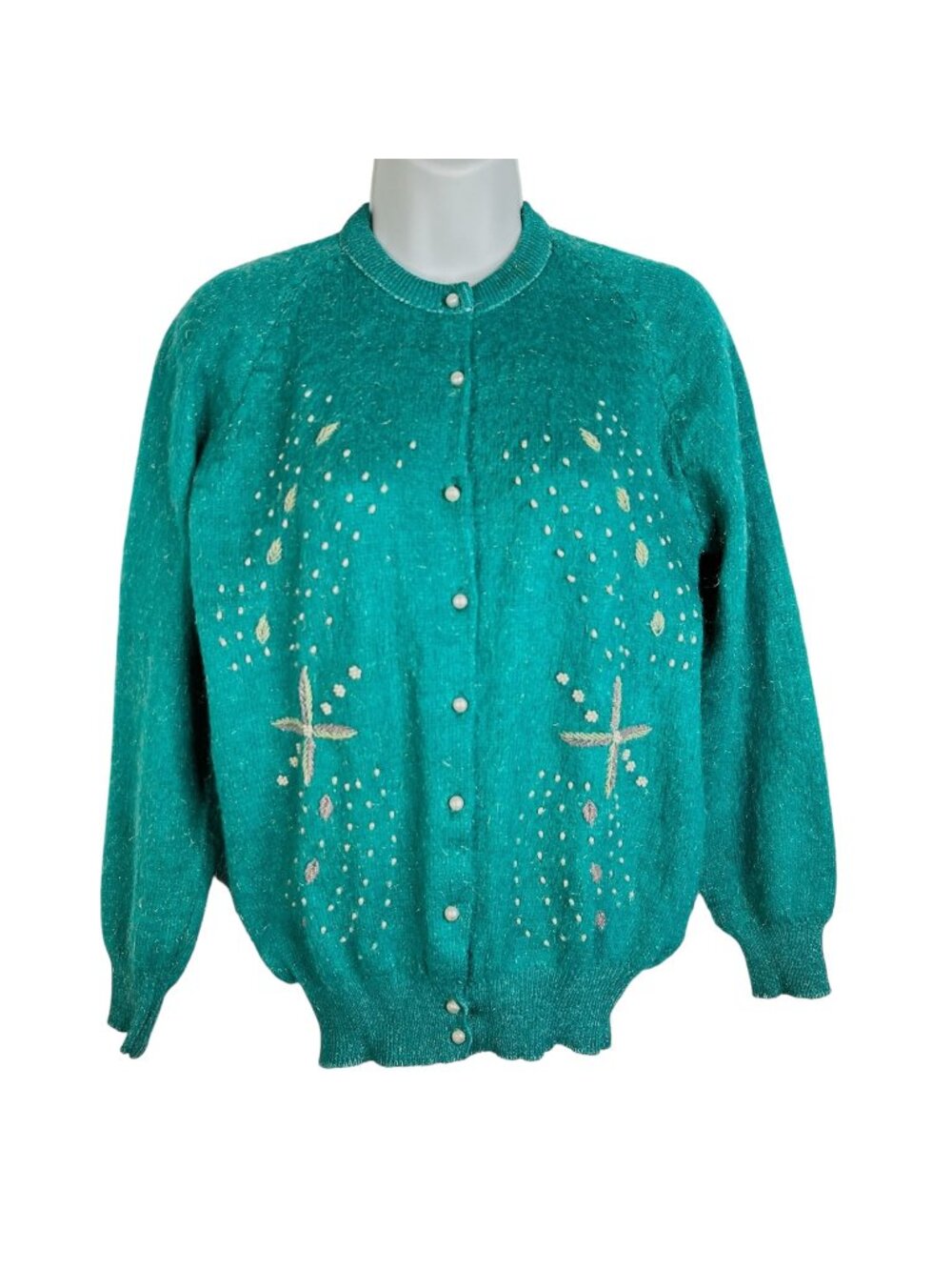 Vintage 1950s Angora Wool Collection For NDM Beaded Cardigan Sweater Teal  XS/S